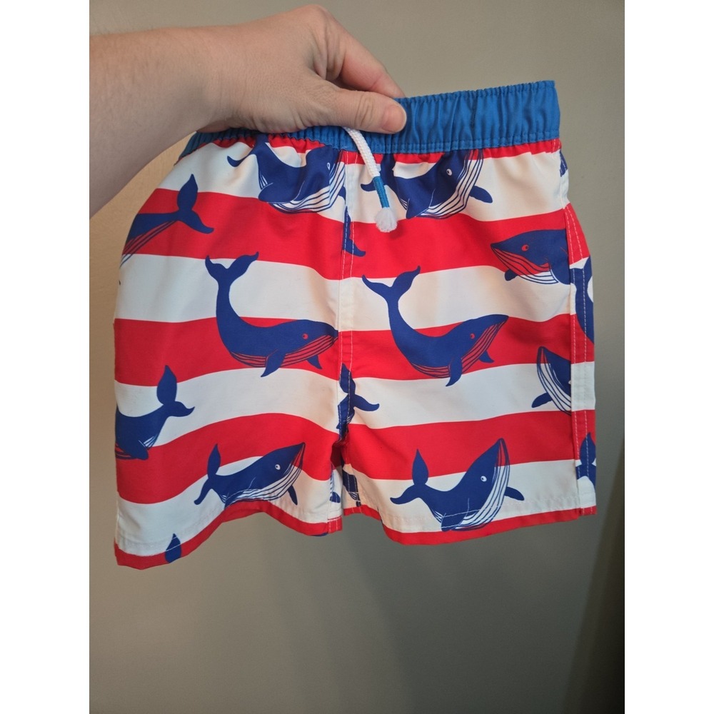 Mini Boden Swim Trunks Boys 2-3 Years Red White Blue Whale Print Drawstring Mesh